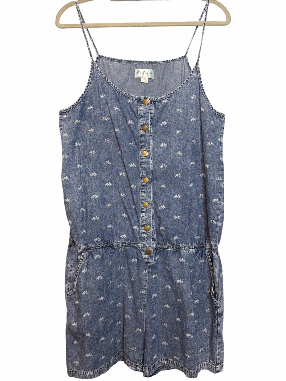 Love Fire Denim Chambray Bicycle Print Romper M Blue Button Front